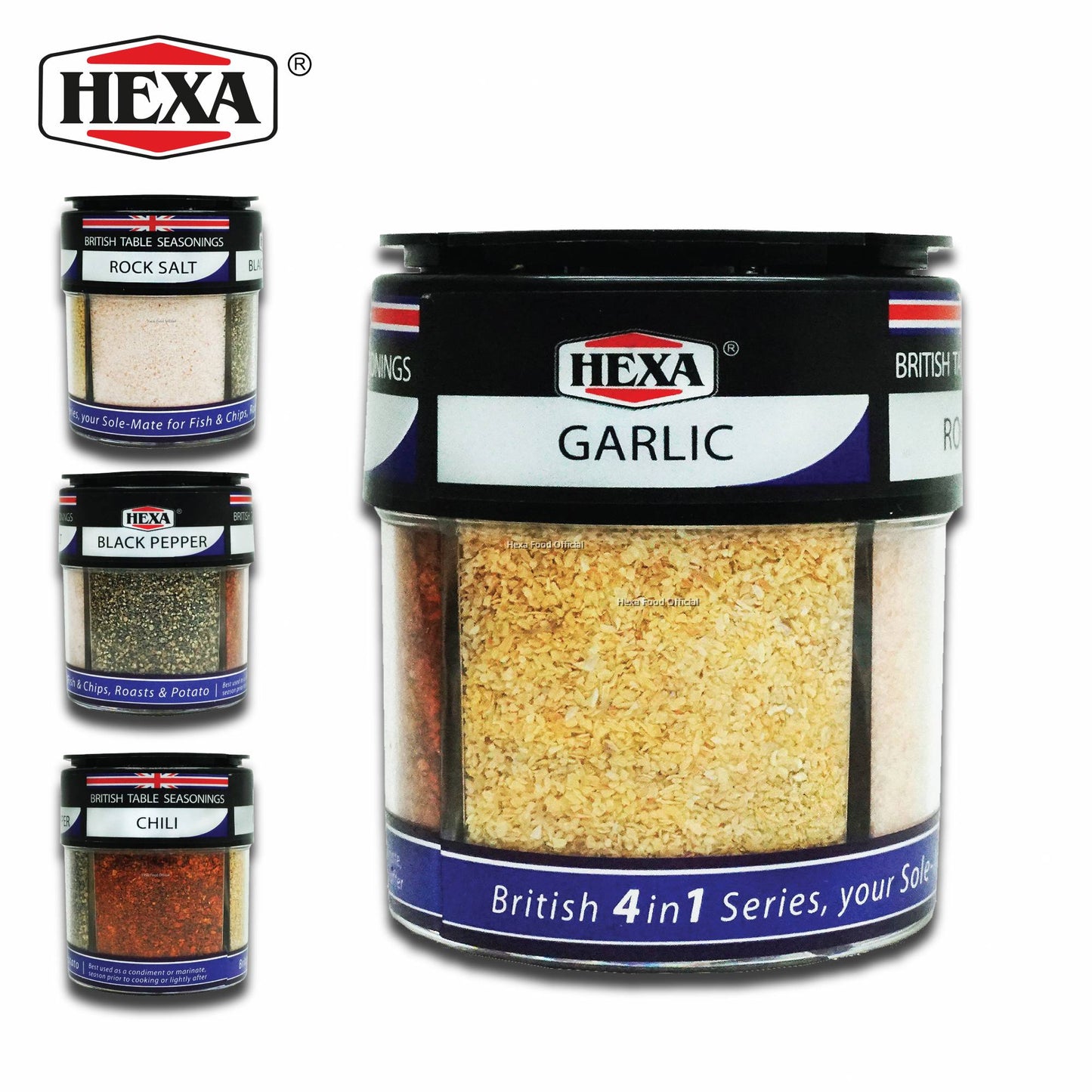 HEXA HALAL British 4IN1 Table Seasoning (85gM) Garlic, Chili, Black Pepper, Rock Salt