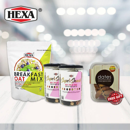 HEXA SAHUR SET 1: HEXA Breakfast Oat Mix 350g*1 + HEXA NUT TREAT IOUS 300g*2 + (FREE GIFT) HEXA Delish Tunisian Branch Dates 250gm*1
