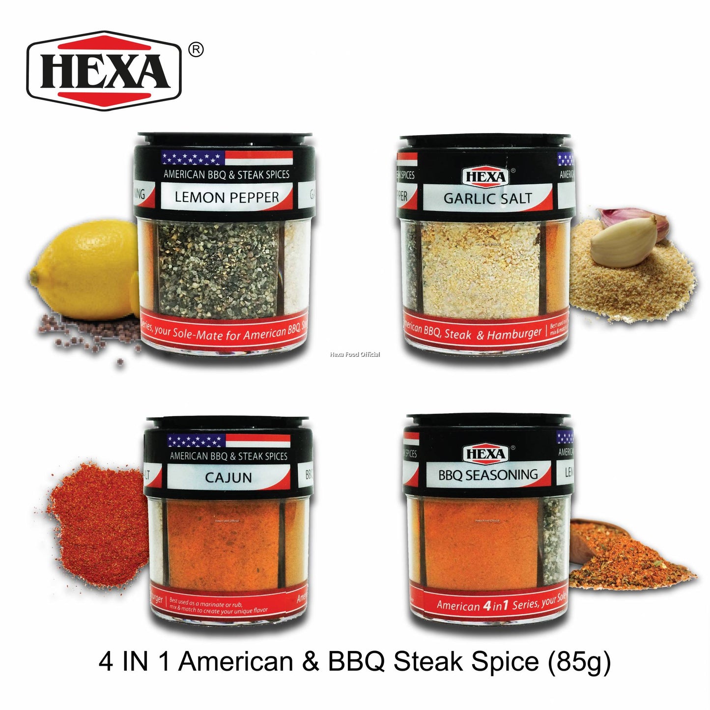HEXA HALAL American 4IN1 BBQ & Steak Seasoning (85gm) BBQ Seasoning, Cajun, Garlic Salt, Lemon Pepper
