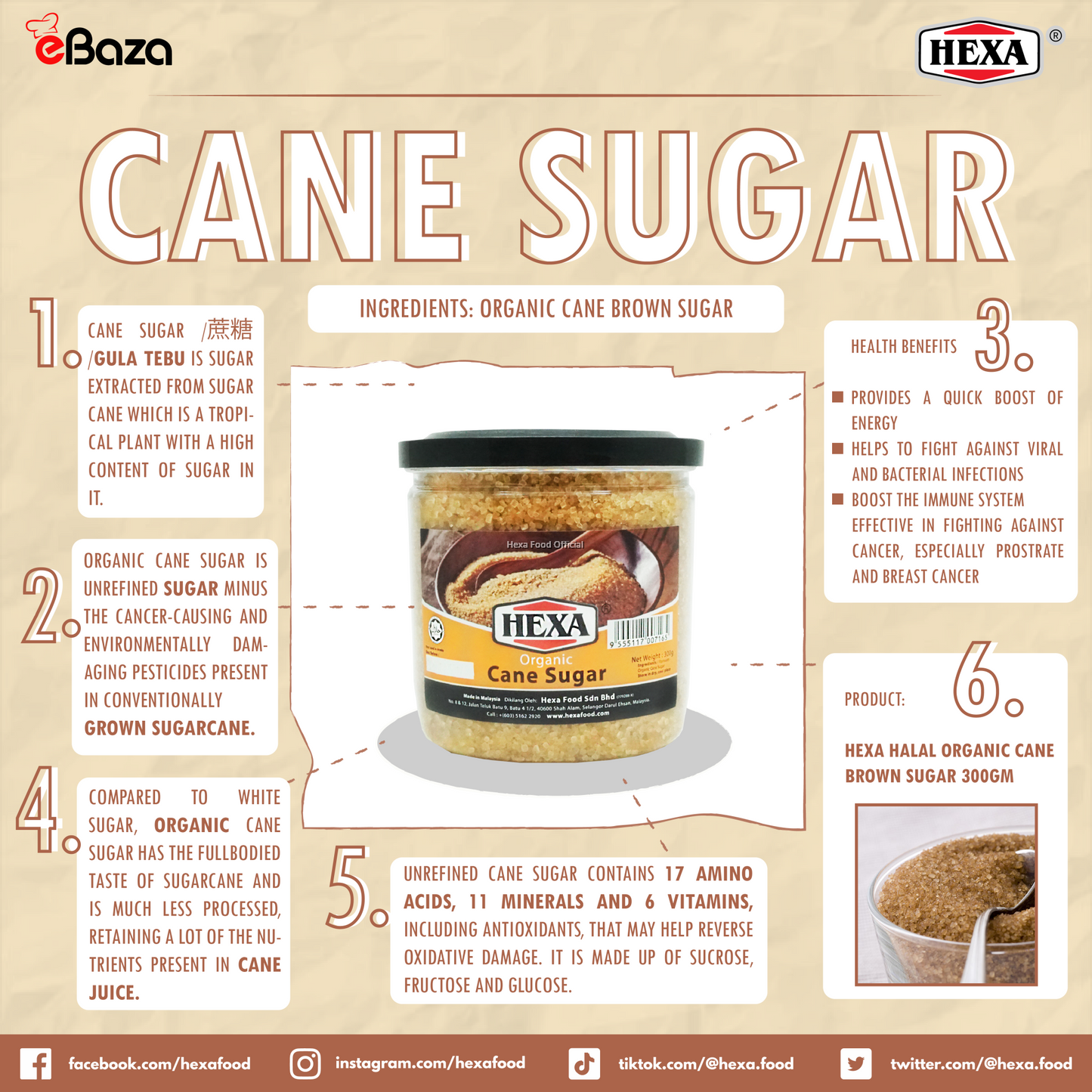 HEXA HALAL Organic Cane Brown Sugar 300gm