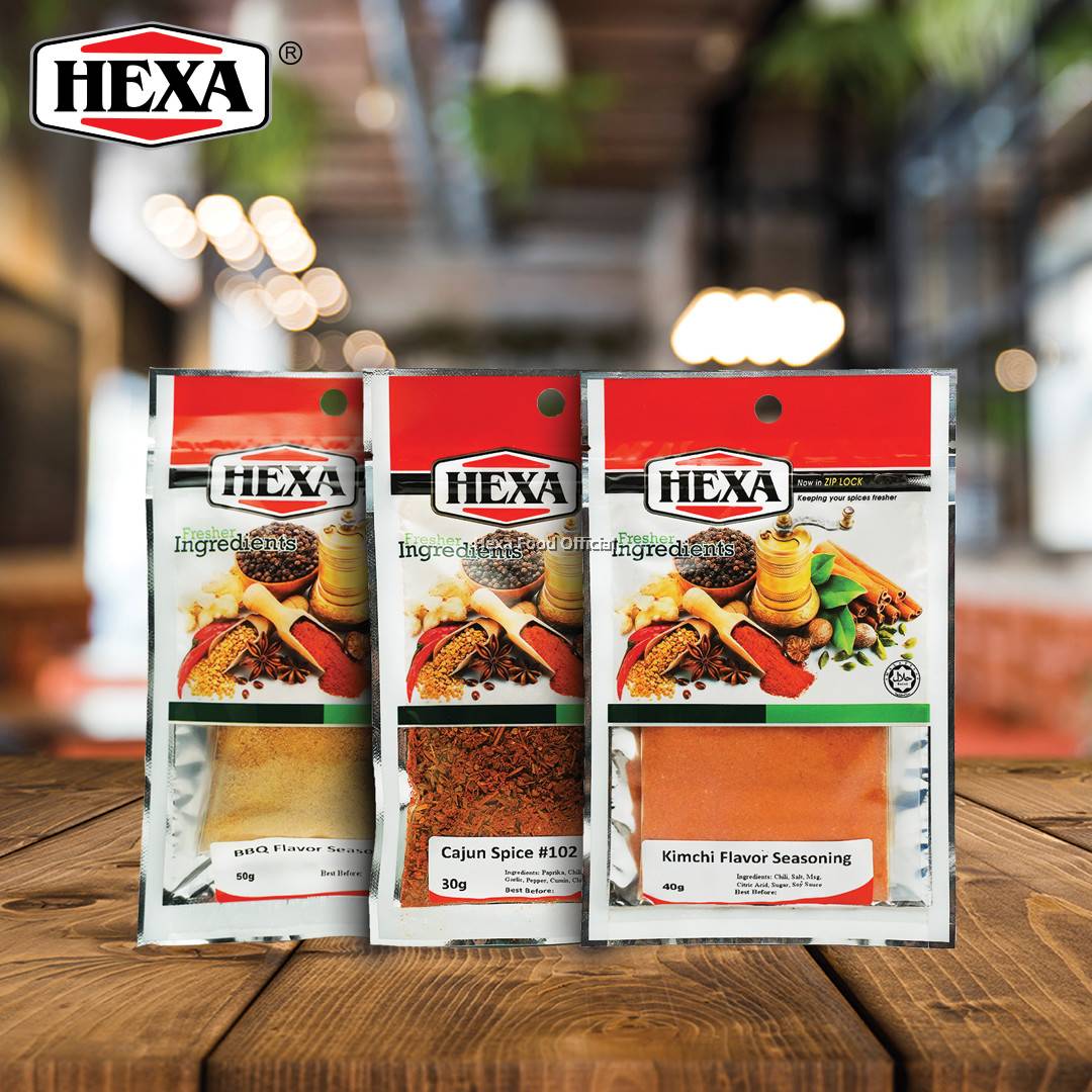 HEXA HALAL Kimchi 40gm + HEXA HALAL Cajun Spice 30gm + HEXA HALAL BBQ Flavor Seasoning 50gm