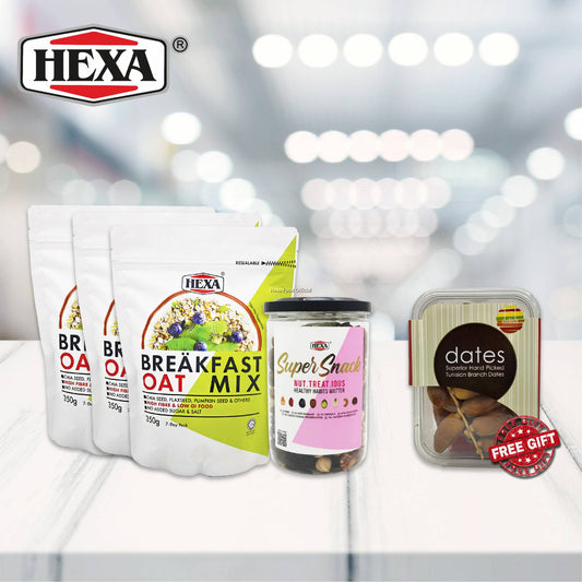 HEXA SAHUR SET 2: HEXA Breakfast Oat Mix 350g *3 + HEXA NUT TREAT IOUS 300g *1 + (FREE GIFT) HEXA Delish Tunisian Branch Dates 250g*1