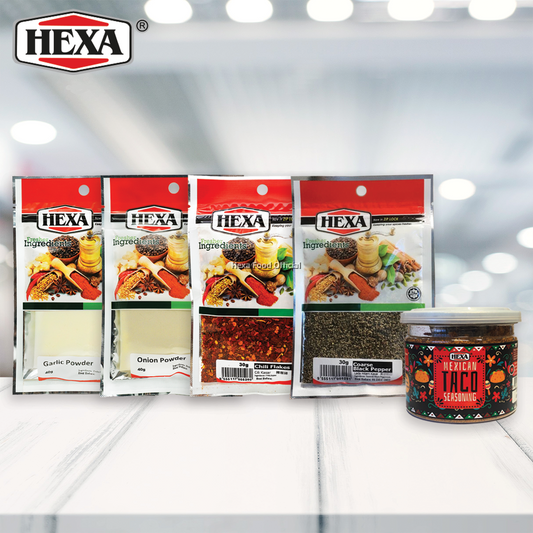 HEXA MEXICAN TACO SEASONING 90g + HEXA GARLIC POWDER 40g + HEXA ONION POWDER 40g + HEXA HALAL Chili Flakes #103 30g + HEXA BLACK PEPPER COARSE 30g #102